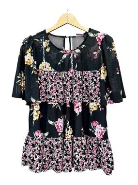 Luna Floral Tiered Blouse Sheer Lightweight Sz L